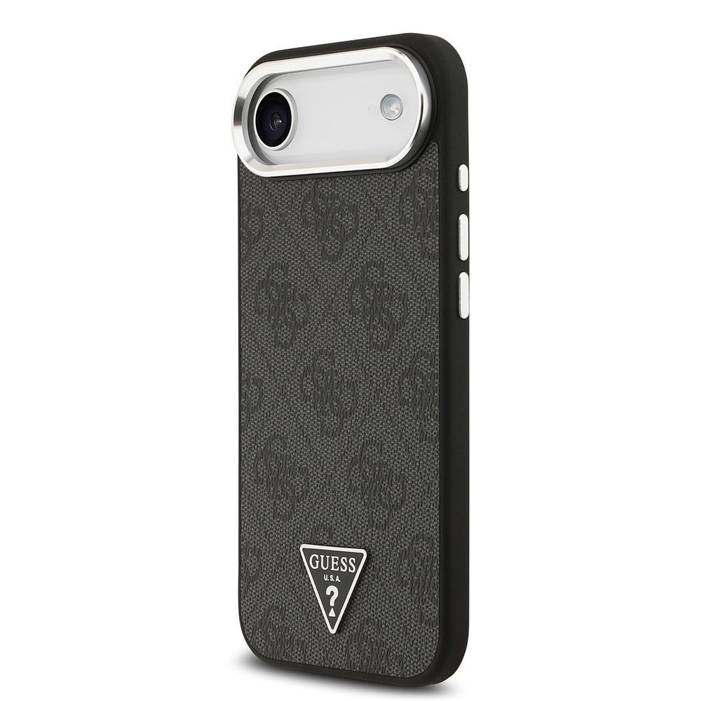 Apple iPhone 17 Air Uyumlu Kılıf Guess Orjinal Lisanslı M-safe Şarj Özellikli Gümüş Metal Kamera Çerçeveli Üçgen Logo 4G Desenli Kapak - 1