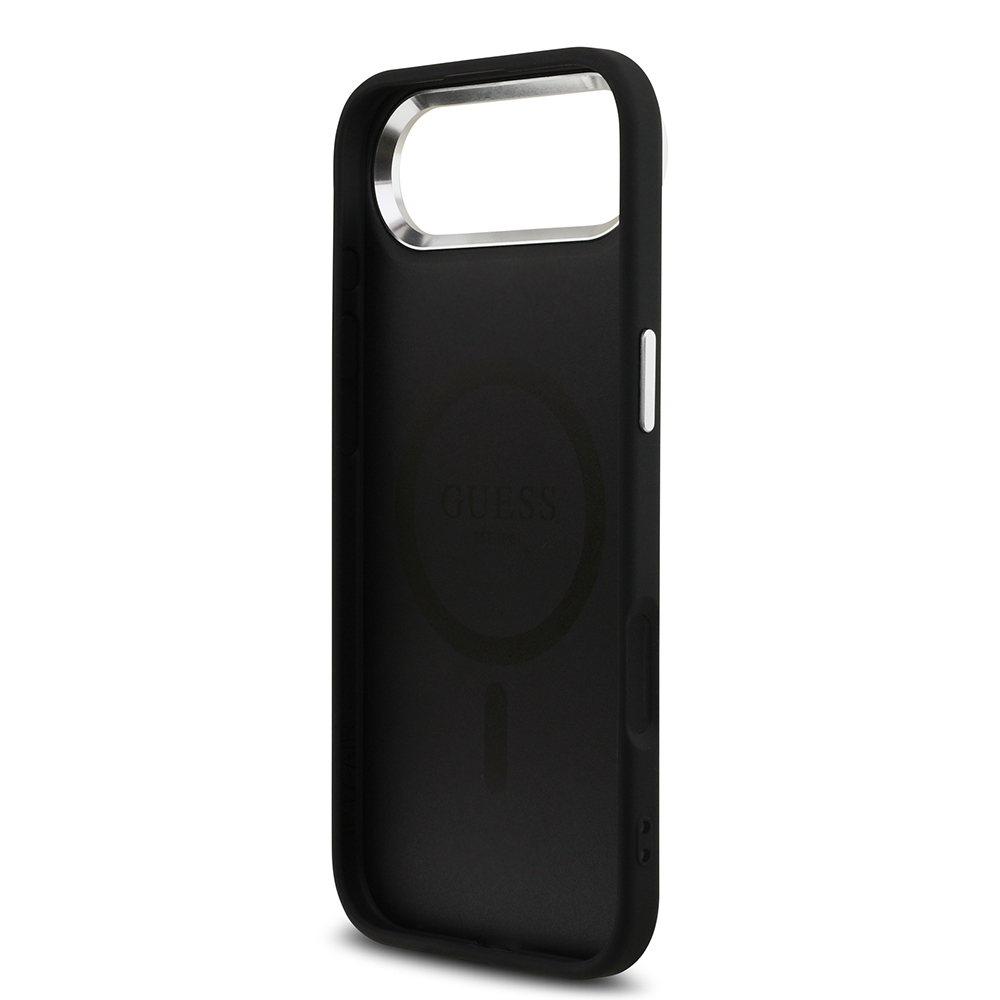 Apple iPhone 17 Air Uyumlu Kılıf Guess Orjinal Lisanslı M-safe Şarj Özellikli Gümüş Metal Kamera Çerçeveli Üçgen Logo 4G Desenli Kapak - 6
