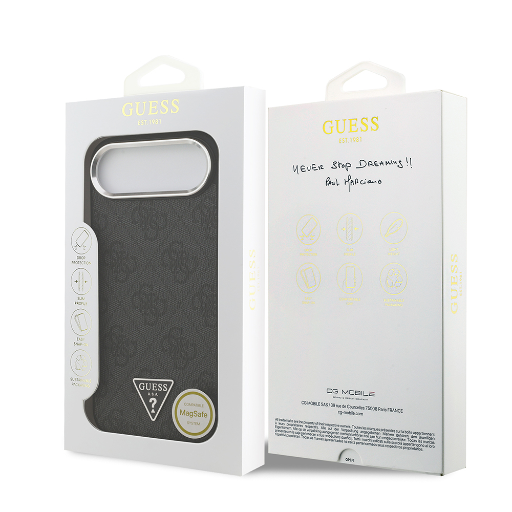 Apple iPhone 17 Air Uyumlu Kılıf Guess Orjinal Lisanslı M-safe Şarj Özellikli Gümüş Metal Kamera Çerçeveli Üçgen Logo 4G Desenli Kapak - 13
