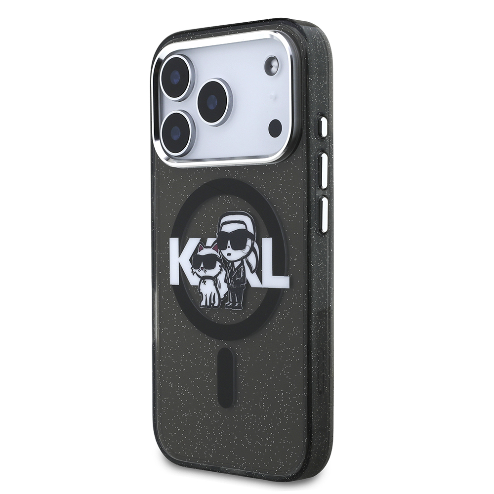 Apple iPhone 17 Pro Uyumlu Kılıf Karl Lagerfeld Orjinal Lisanslı Parlayan Simli Karl & Choupette Sketch Logo Kapak - 1