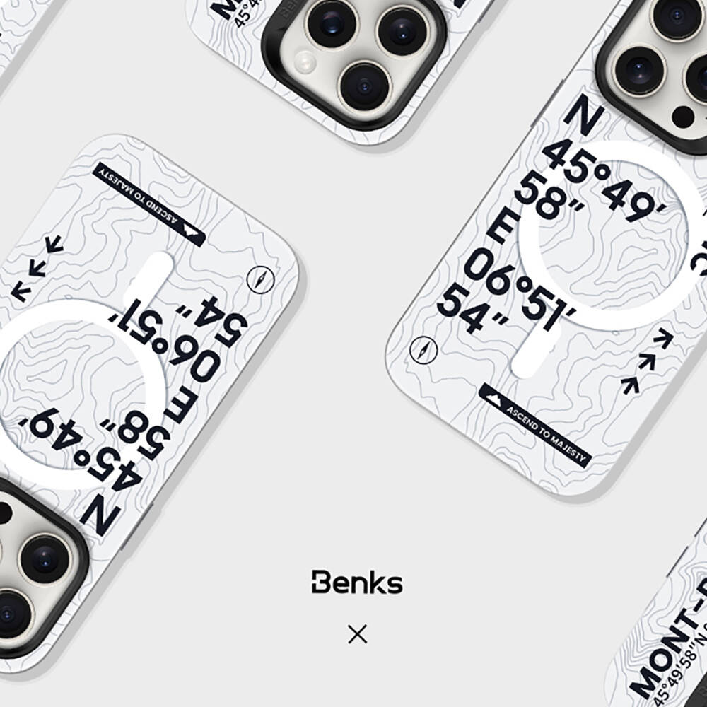 Apple iPhone 15 Pro Max Uyumlu Kılıf Magsafe Şarj Özellikli Koordinat Yazı Desenli Benks Summit Serisi Kapak - 2