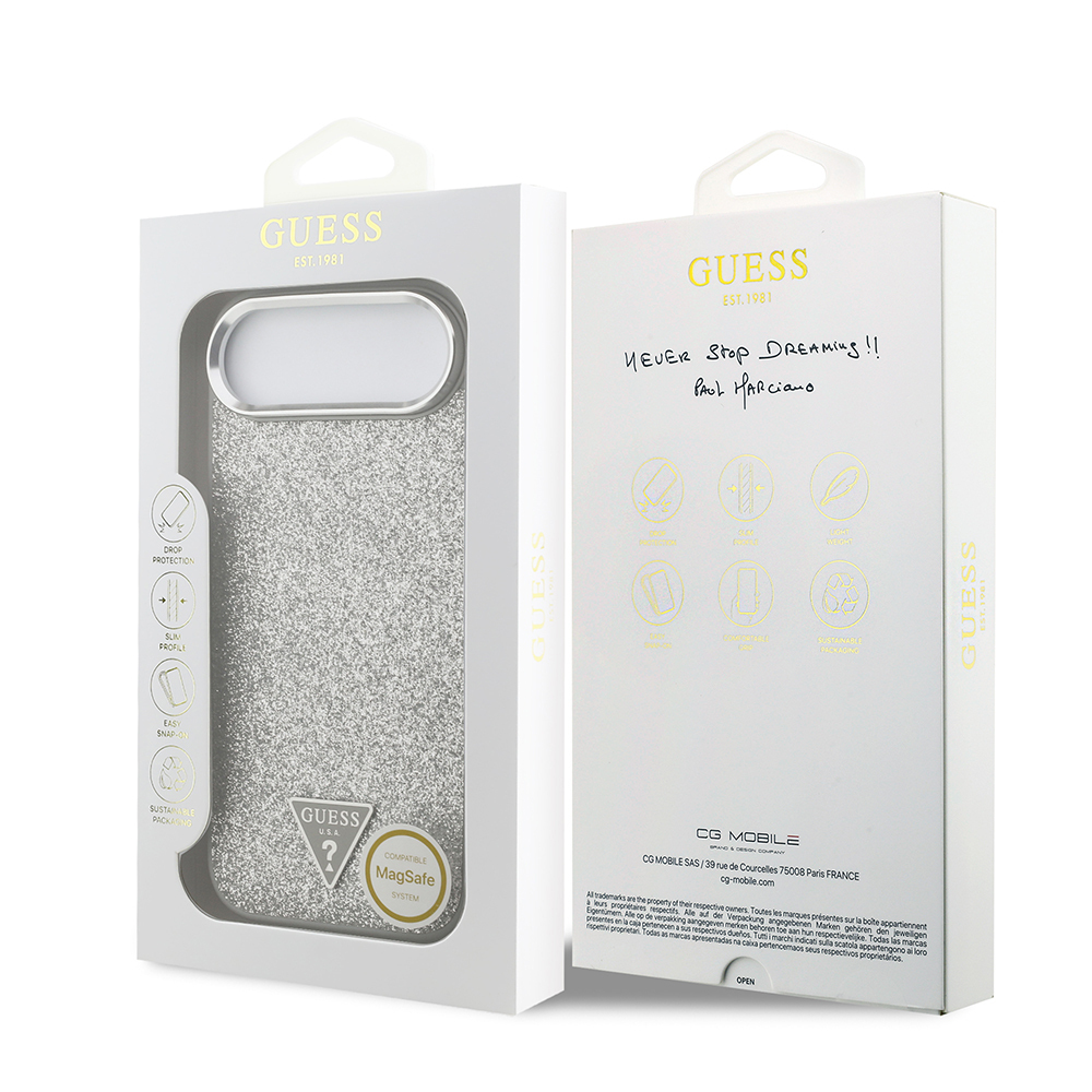 Apple iPhone 17 Air Uyumlu Kılıf Guess Orjinal Lisanslı M-safe Şarj Özellikli Metal Kamera Çerçeveli Üçgen Logolu Glitter Kapak - 25
