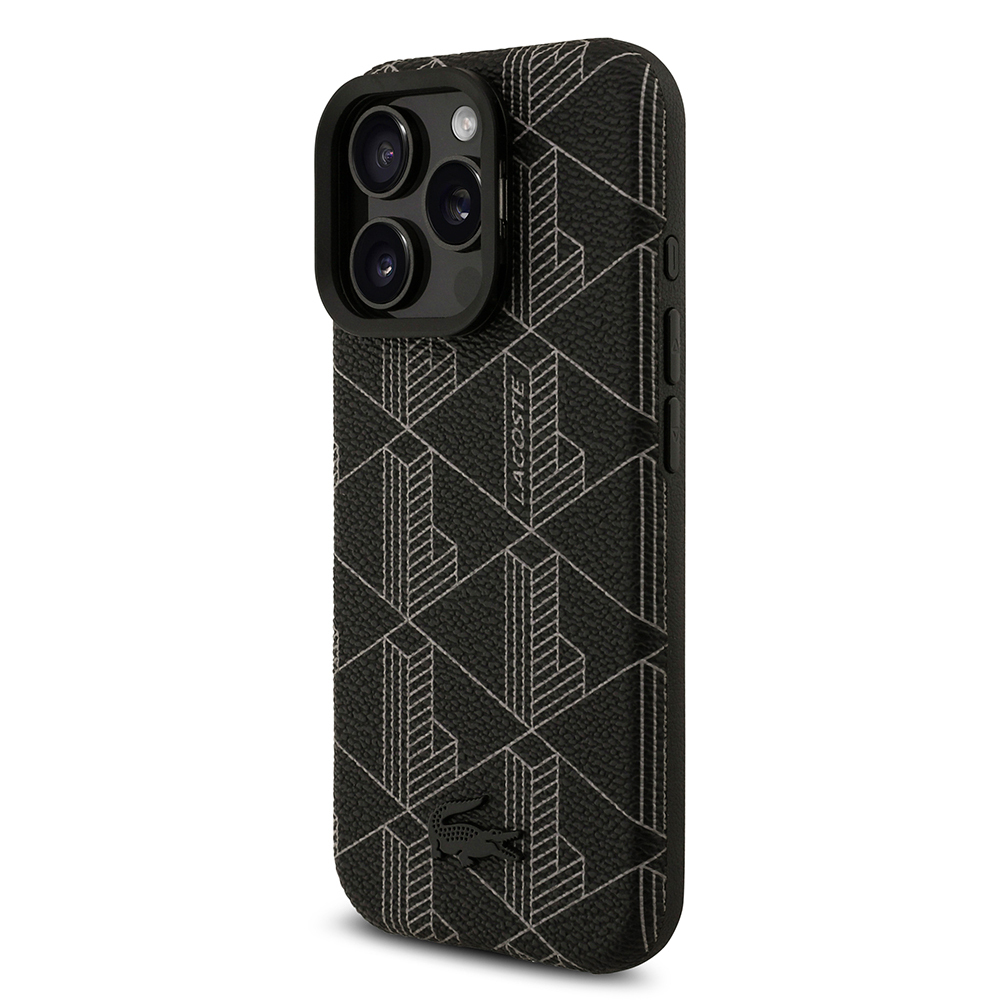 Apple iPhone 16 Pro Max Uyumlu Kılıf Lacoste Orjinal Lisanslı M-safe Şarj Özellikli Standlı PU Deri Karışık Monogram Desenli Kapak - 1