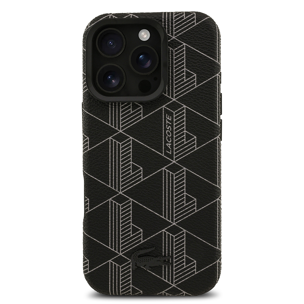 Apple iPhone 16 Pro Max Uyumlu Kılıf Lacoste Orjinal Lisanslı M-safe Şarj Özellikli Standlı PU Deri Karışık Monogram Desenli Kapak - 2