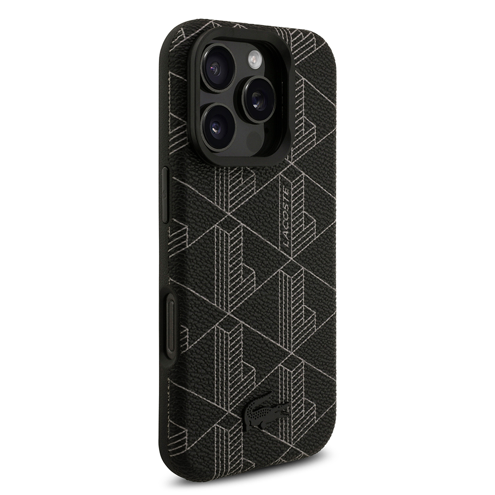 Apple iPhone 16 Pro Max Uyumlu Kılıf Lacoste Orjinal Lisanslı M-safe Şarj Özellikli Standlı PU Deri Karışık Monogram Desenli Kapak - 3