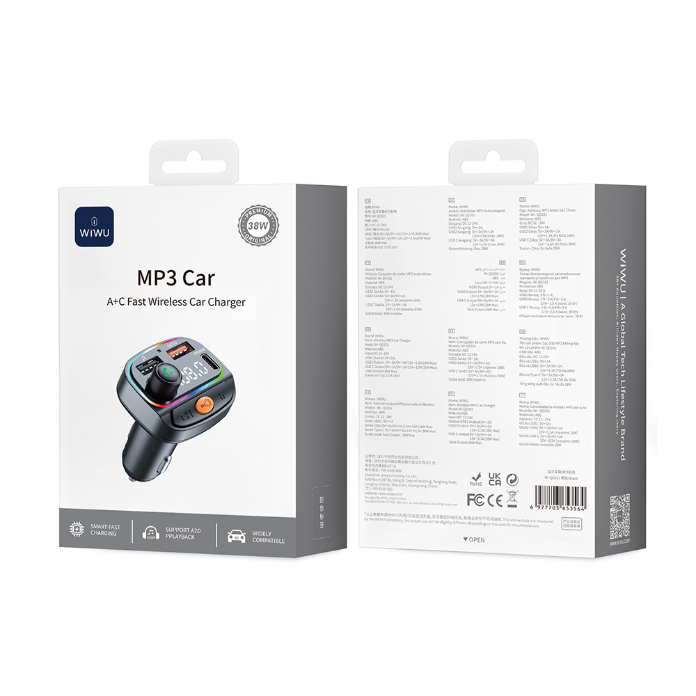 Wiwu Wi-QC031 RGB Bluetooth Transmitter MP3 Type-C ve USB-A Araç Şarjı - 7