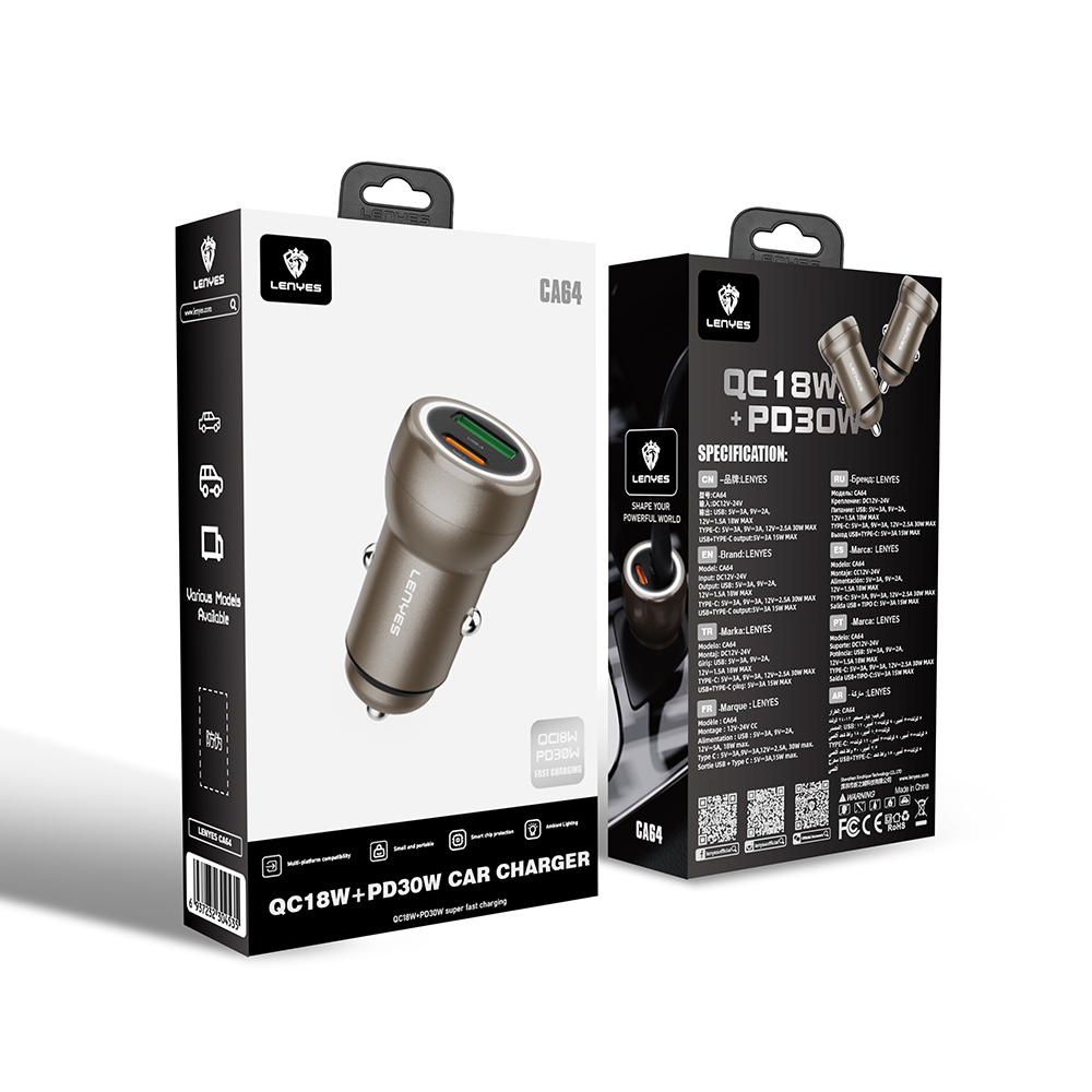 Lenyes CA64 Hızlı Şarj Özellikli Dual USB-A + Type-C Portlu PD Araç Şarj Aleti 30W - 5
