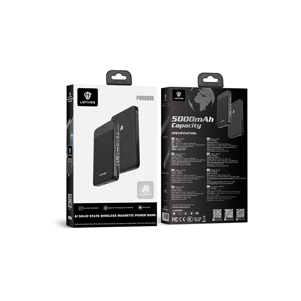 Lenyes PW0008D PD 20W LED Ekranlı Yapay Zeka Destekli Ultra İnce Wireless Powerbank 15W 5000mAh - 5