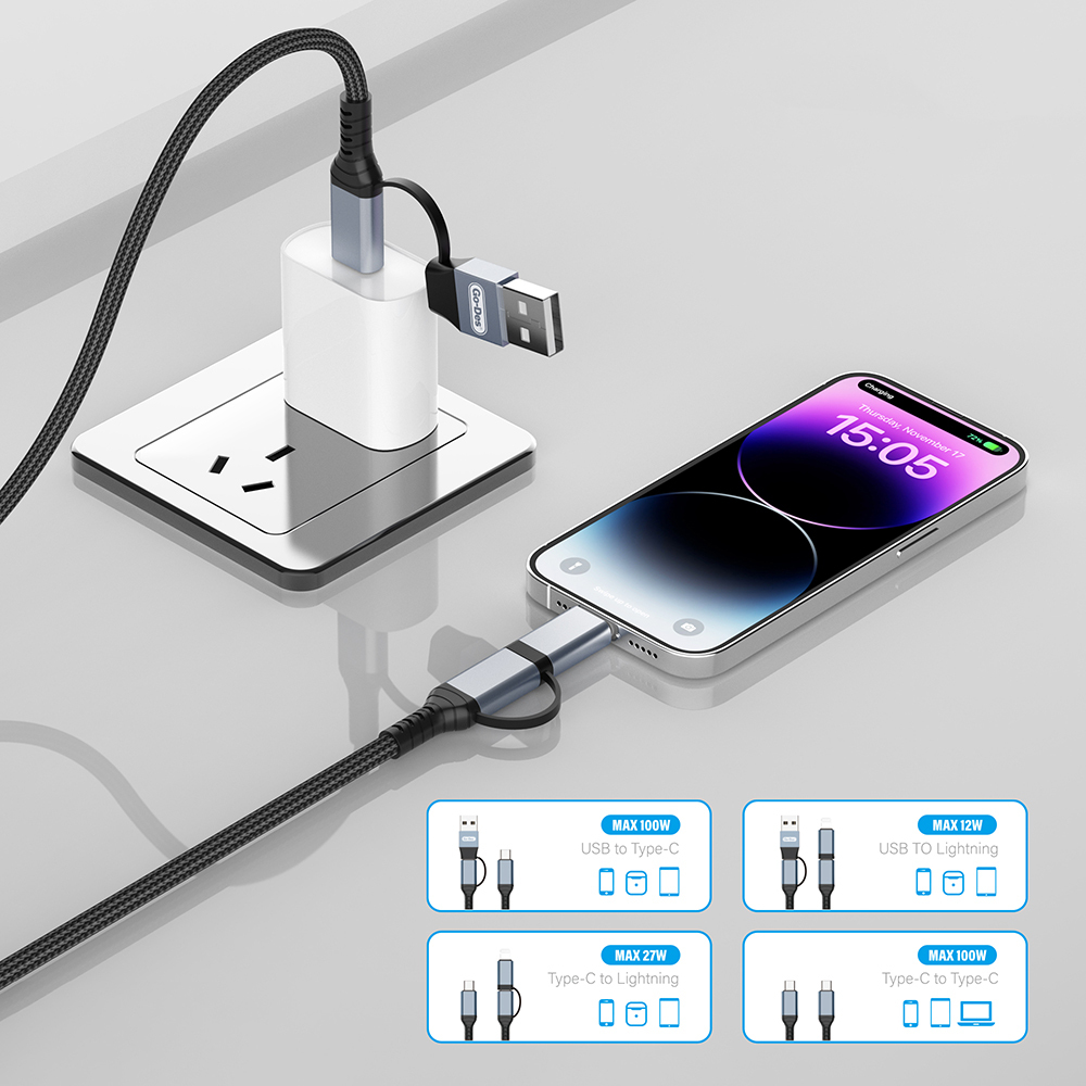 Go Des GD-UC809 4in1 PD Çoklu USB-A + Type-C to Type-C + Lightning Şarj ve Data Kablosu 100W 120cm - 2