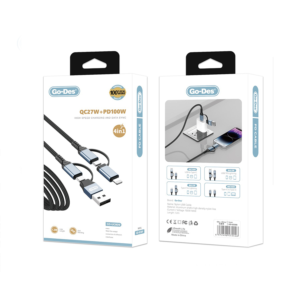 Go Des GD-UC809 4in1 PD Çoklu USB-A + Type-C to Type-C + Lightning Şarj ve Data Kablosu 100W 120cm - 3