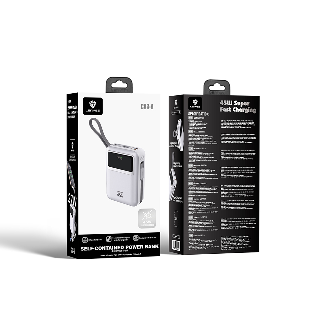 Lenyes C03-A Dijital LED Göstergeli Type-C ve Lightning Kablolu Powerbank 45W 10.000mAh - 6