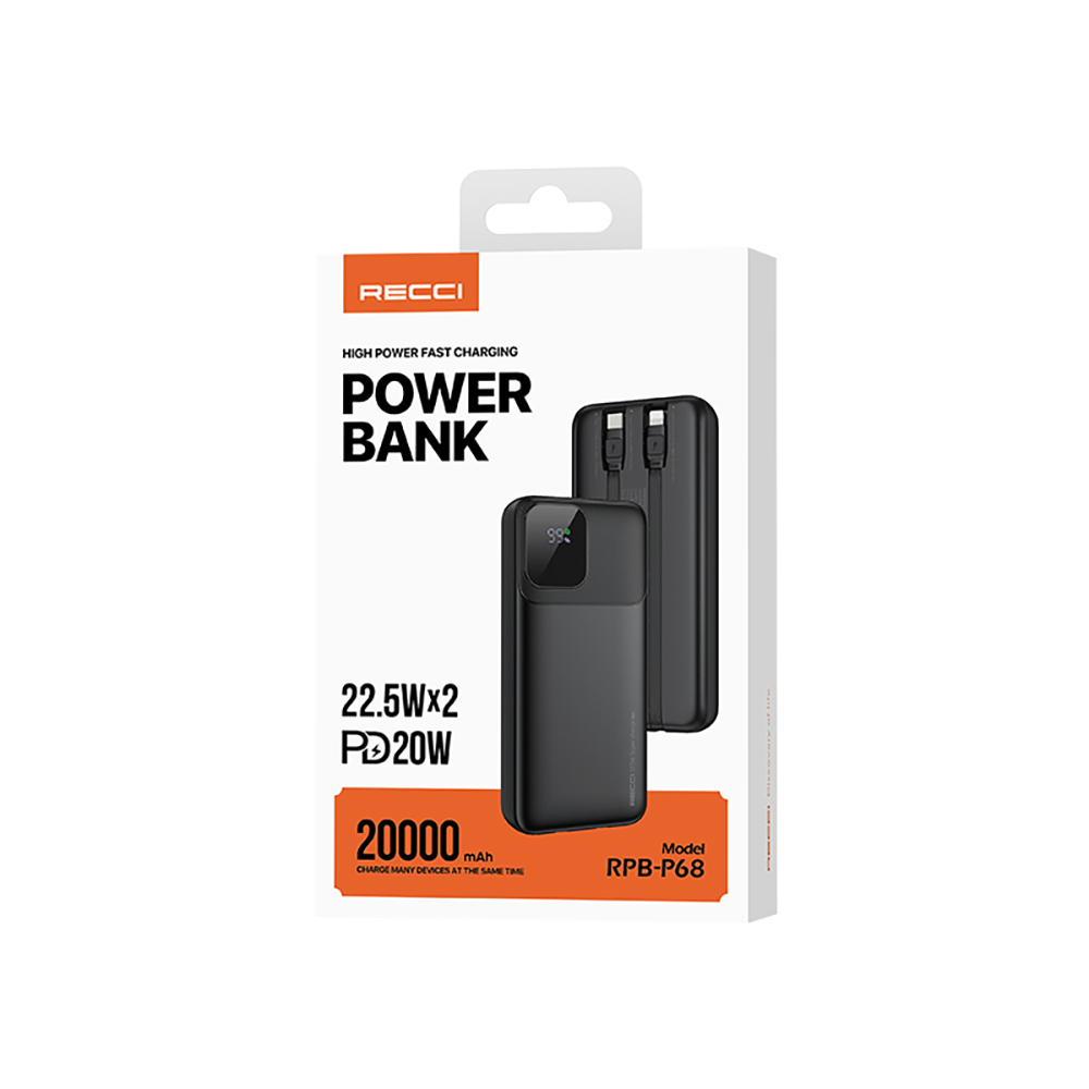 Recci RPB-P68 PD 20W Dijital LED Göstergeli Hızlı Şarj Özellikli Type-C ve Lightning Kablolu Powerbank 22.5W 20000mAh - 7