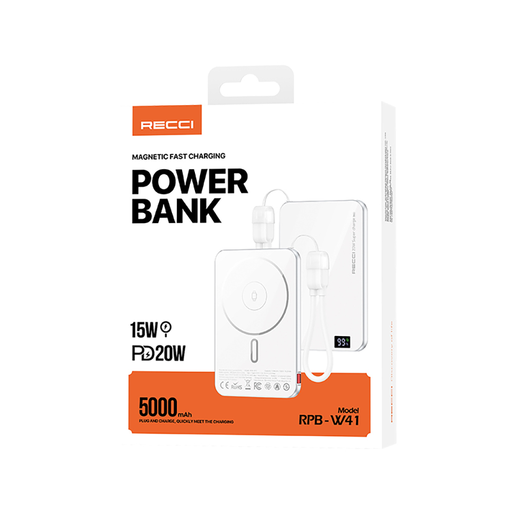 Recci RPB-W41 PD 20W Ultra İnce Hızlı Şarj Özellikli Type-C Kablolu Powerbank 15W 5000mAh - 8