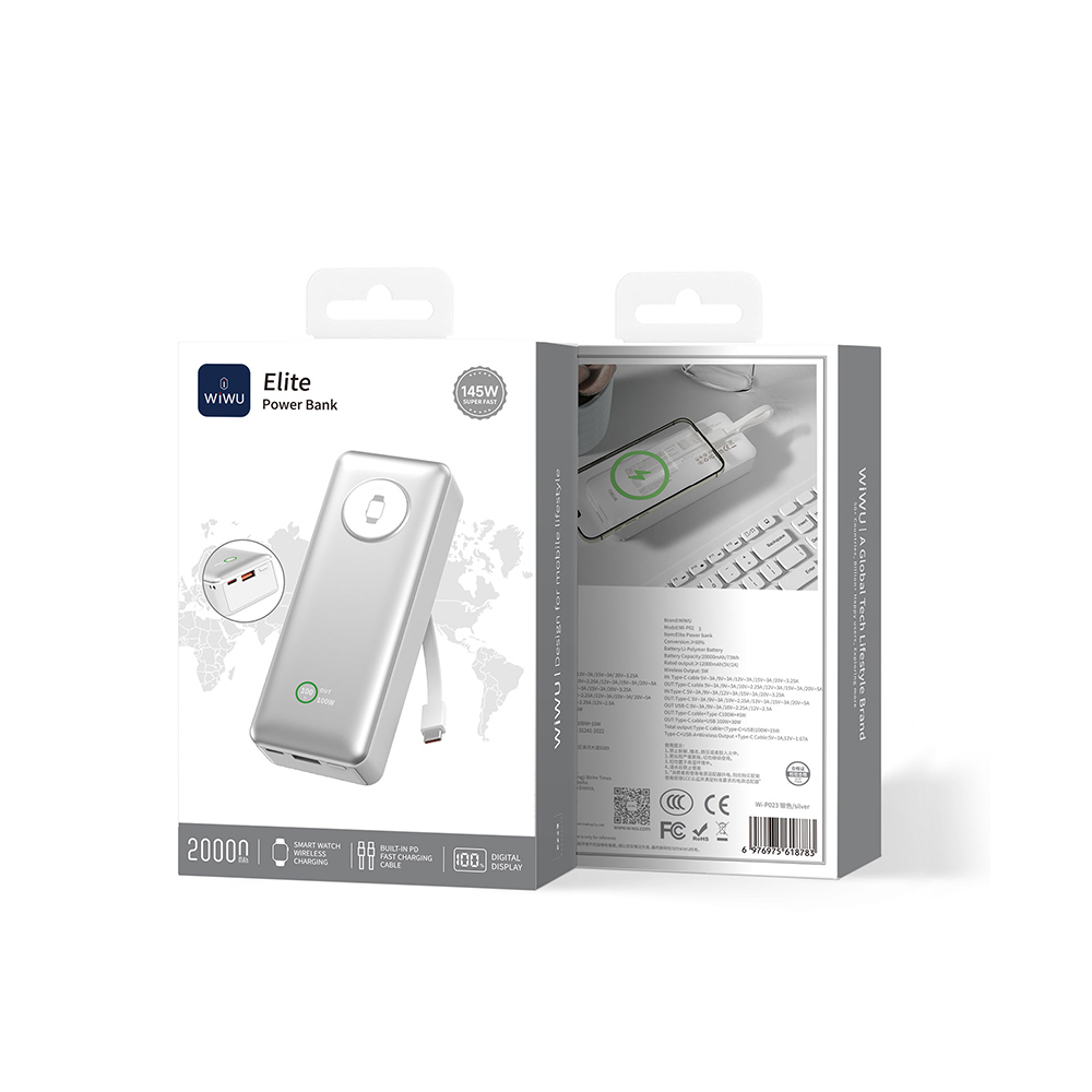 Wiwu Wi-P023 Elite Serisi Dijital LED Göstergeli Akıllı Saat Kablosuz Şarj Özellikli Taşınabilir Powerbank 20000mAh 145W - 6