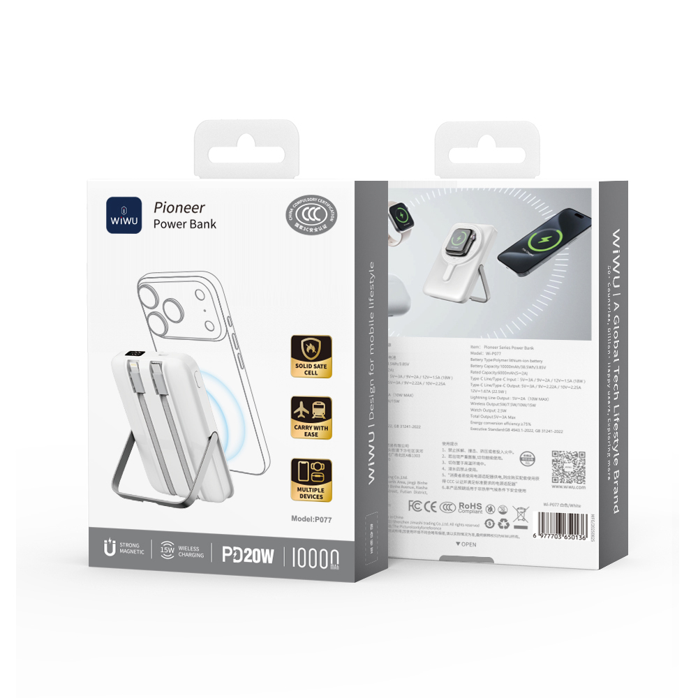 Wiwu Wi-P077 Pionner Serisi Taşınabilir Wireless Şarj ve PD 20W Hızlı Şarj Özellikli Standlı Powerbank 15W 10000mAh - 9