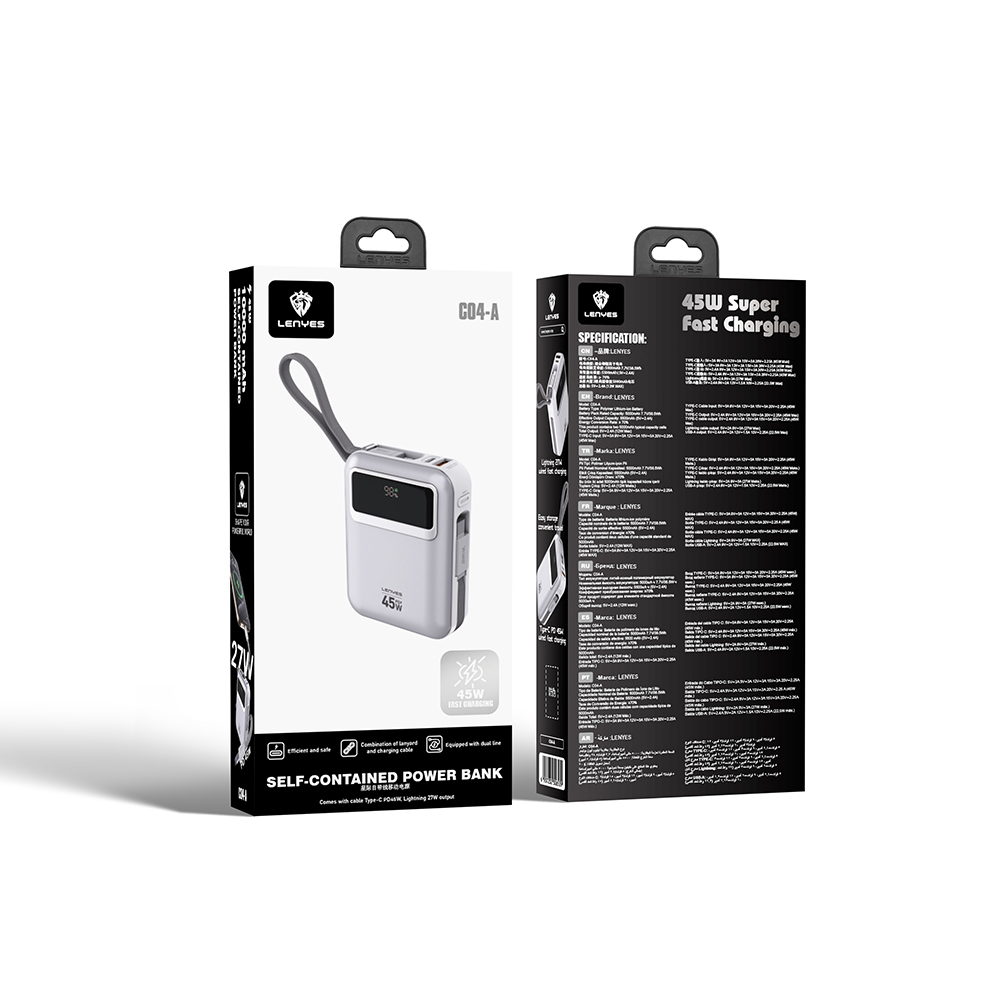 Lenyes C04-A Dijital LED Göstergeli Type-C ve Lightning Kablolu Powerbank 45W 5000mAh - 6