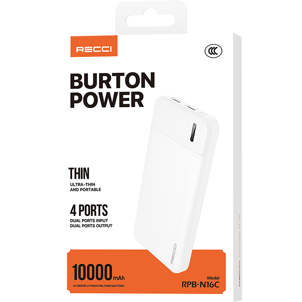 Recci RPB-N16C Ultra İnce Hızlı Şarj Özellikli Led Işık Göstergeli Powerbank 10000mAh - 12