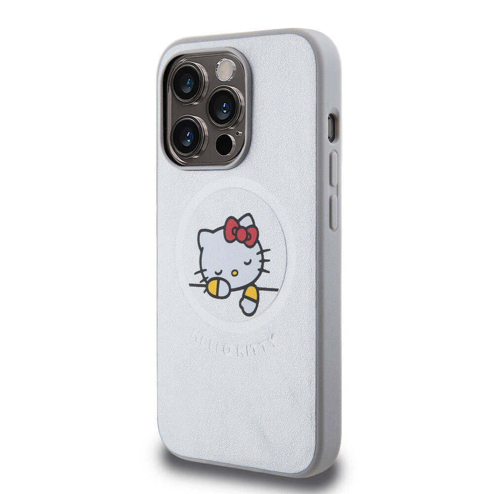 Apple iPhone 15 Uyumlu Pro Uyumlu Max Uyumlu Kılıf Hello Kitty Orjinal Lisanslı M-safe Şarj Özellikli Baskı Logolu Uyuyan Kitty Deri Kapak - 1