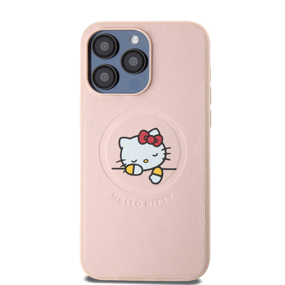 Apple iPhone 15 Uyumlu Pro Uyumlu Max Uyumlu Kılıf Hello Kitty Orjinal Lisanslı M-safe Şarj Özellikli Baskı Logolu Uyuyan Kitty Deri Kapak - 9