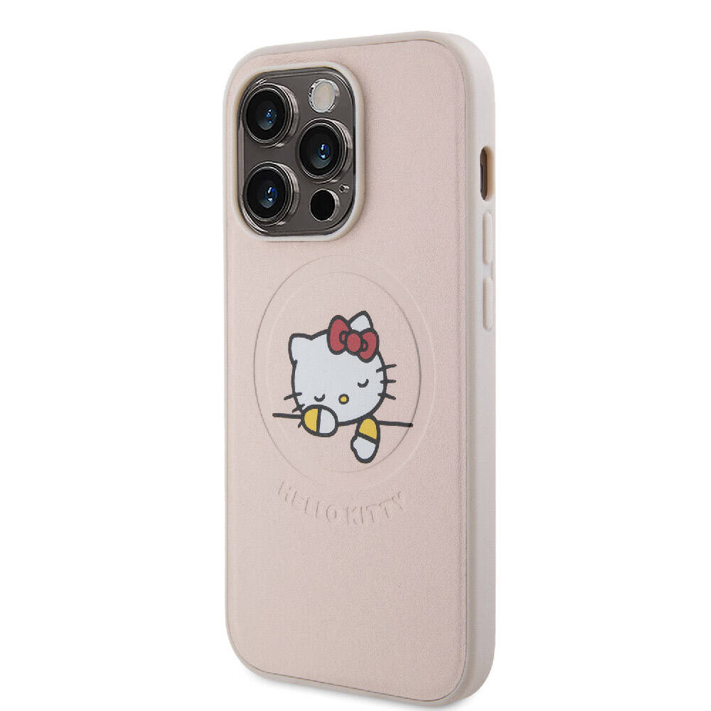 Apple iPhone 15 Uyumlu Pro Uyumlu Kılıf Hello Kitty Orjinal Lisanslı M-safe Şarj Özellikli Baskı Logolu Uyuyan Kitty Deri Kapak - 1