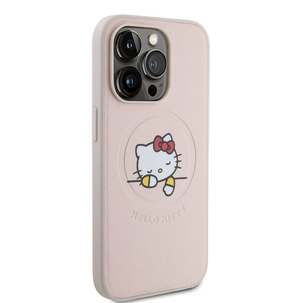 Apple iPhone 15 Uyumlu Pro Uyumlu Kılıf Hello Kitty Orjinal Lisanslı M-safe Şarj Özellikli Baskı Logolu Uyuyan Kitty Deri Kapak - 3