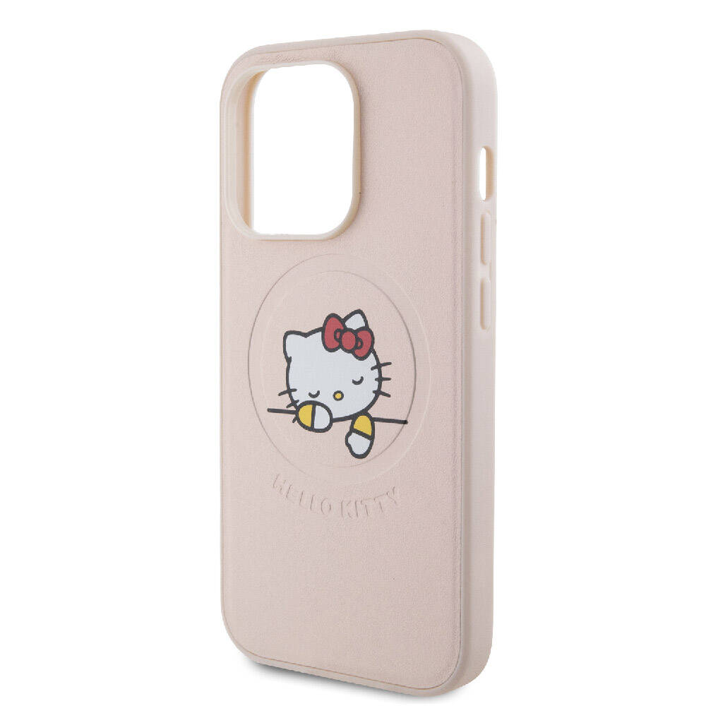Apple iPhone 15 Uyumlu Pro Uyumlu Kılıf Hello Kitty Orjinal Lisanslı M-safe Şarj Özellikli Baskı Logolu Uyuyan Kitty Deri Kapak - 5