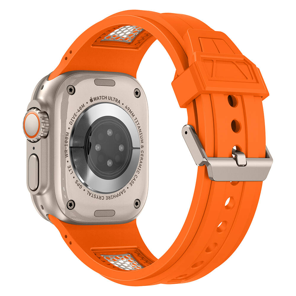 Apple Watch Ultra 49mm Uyumlu Zore KRD-117 Hava Alabilen Delikli Metal Süslemeli Desenli Silikon Kordon - 1