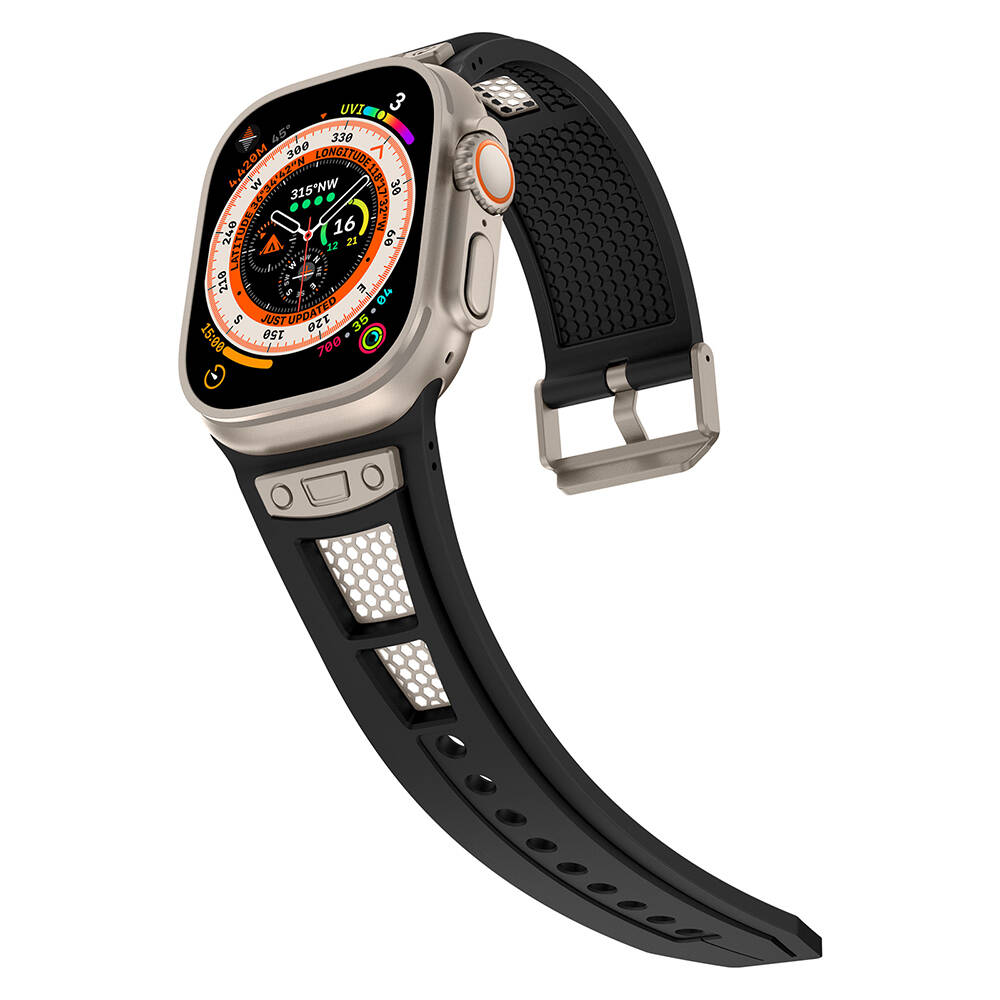 Apple Watch Ultra 49mm Uyumlu Zore KRD-117 Hava Alabilen Delikli Metal Süslemeli Desenli Silikon Kordon - 3
