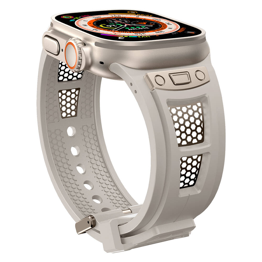 Apple Watch Ultra 49mm Uyumlu Zore KRD-117 Hava Alabilen Delikli Metal Süslemeli Desenli Silikon Kordon - 4