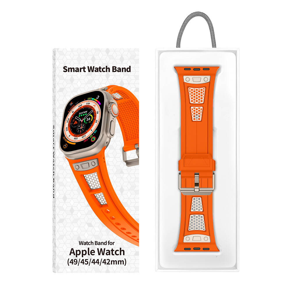 Apple Watch Ultra 49mm Uyumlu Zore KRD-117 Hava Alabilen Delikli Metal Süslemeli Desenli Silikon Kordon - 6