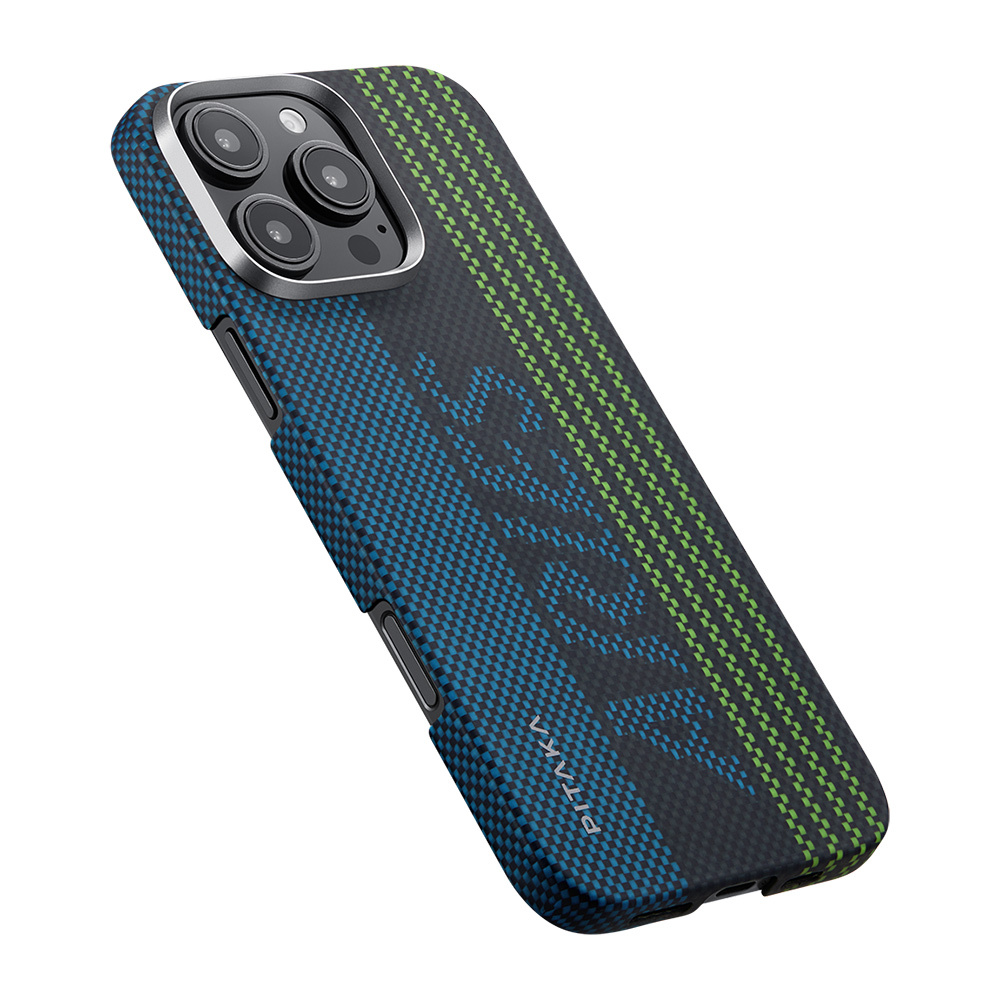 Apple iPhone 16 Uyumlu Pro Uyumlu Kılıf M-safe Şarj Özellikli Lumintex Teknolojili Fosforlu Aramid Fiber Pitaka Tactile Woven Aries Serisi Credit Card Kapak - 8