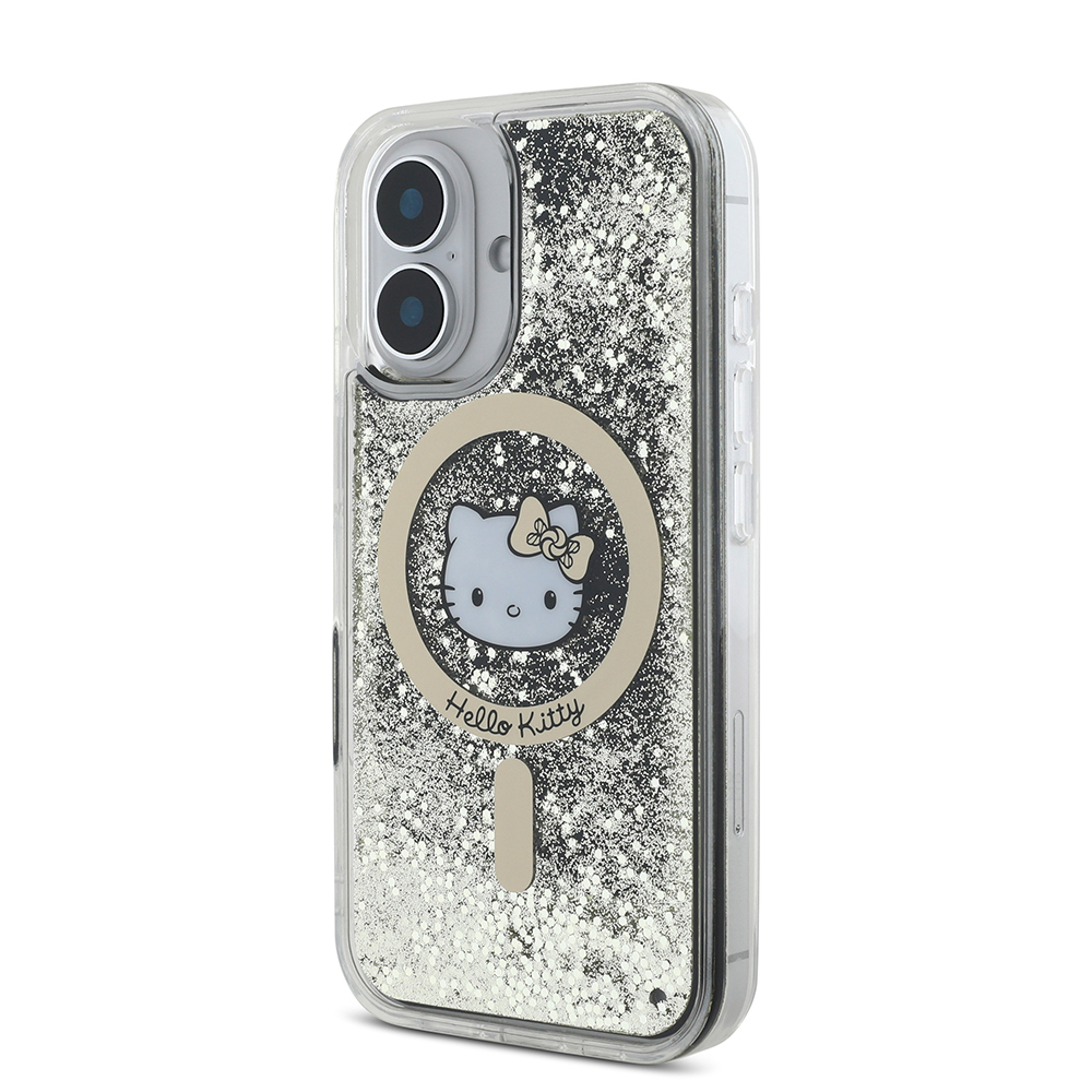 Apple iPhone 16 Uyumlu Kılıf Hello Kitty Orjinal Lisanslı M-safe Şarj Özellikli IML Baskı Kitty Head Logolu Sıvılı Simli Altın Ateşi Kapak - 2