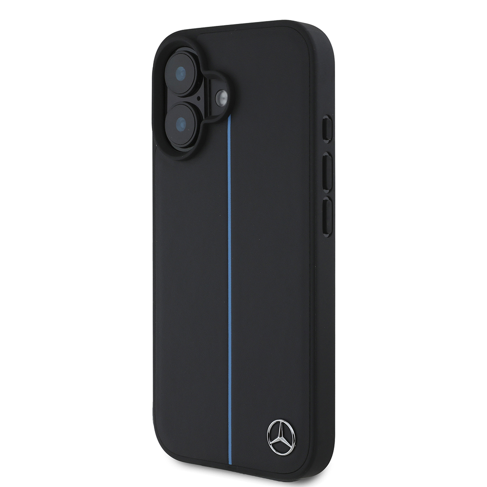Apple iPhone 16 Uyumlu Kılıf Mercedes Benz Orjinal Lisanslı M-safe Şarj Özellikli Metal Yıldız Logolu Mavi Çizgili Deri Kapak - 1