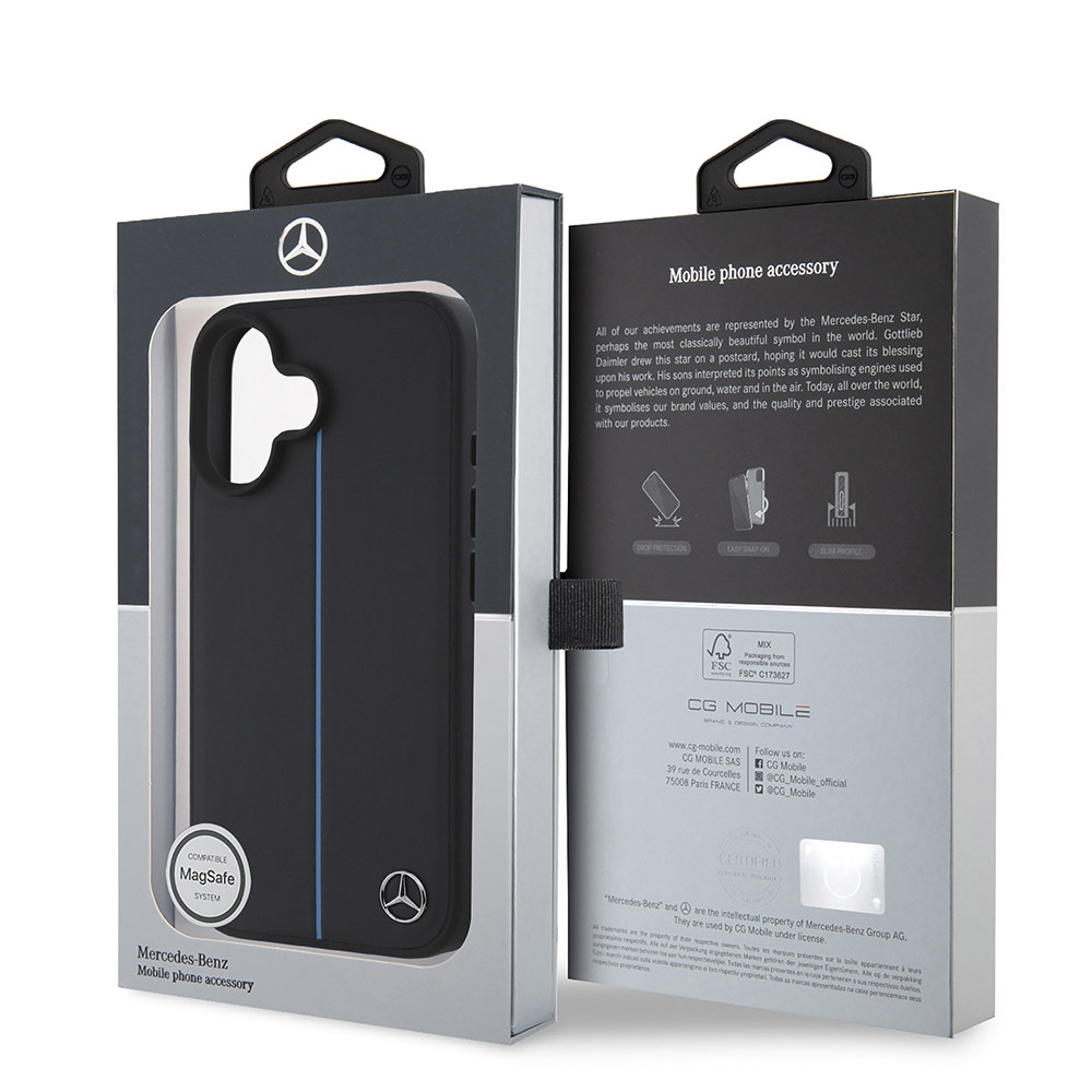 Apple iPhone 16 Uyumlu Kılıf Mercedes Benz Orjinal Lisanslı M-safe Şarj Özellikli Metal Yıldız Logolu Mavi Çizgili Deri Kapak - 7