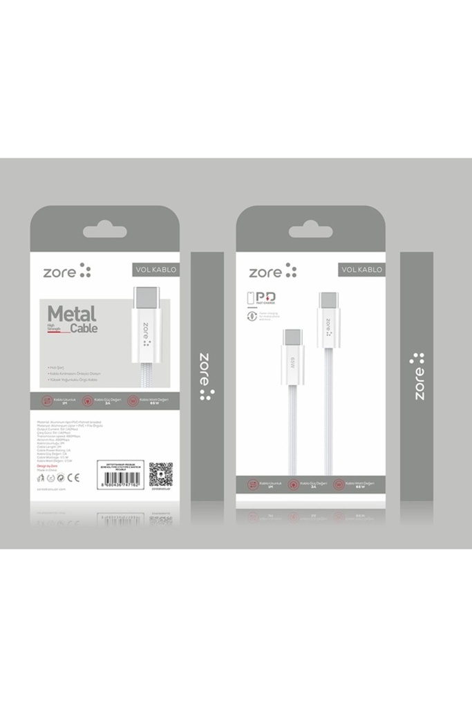 Zore Vol Serisi Type-C to Type-C PD Şarj ve Data Kablosu 65W 3A 1 Metre