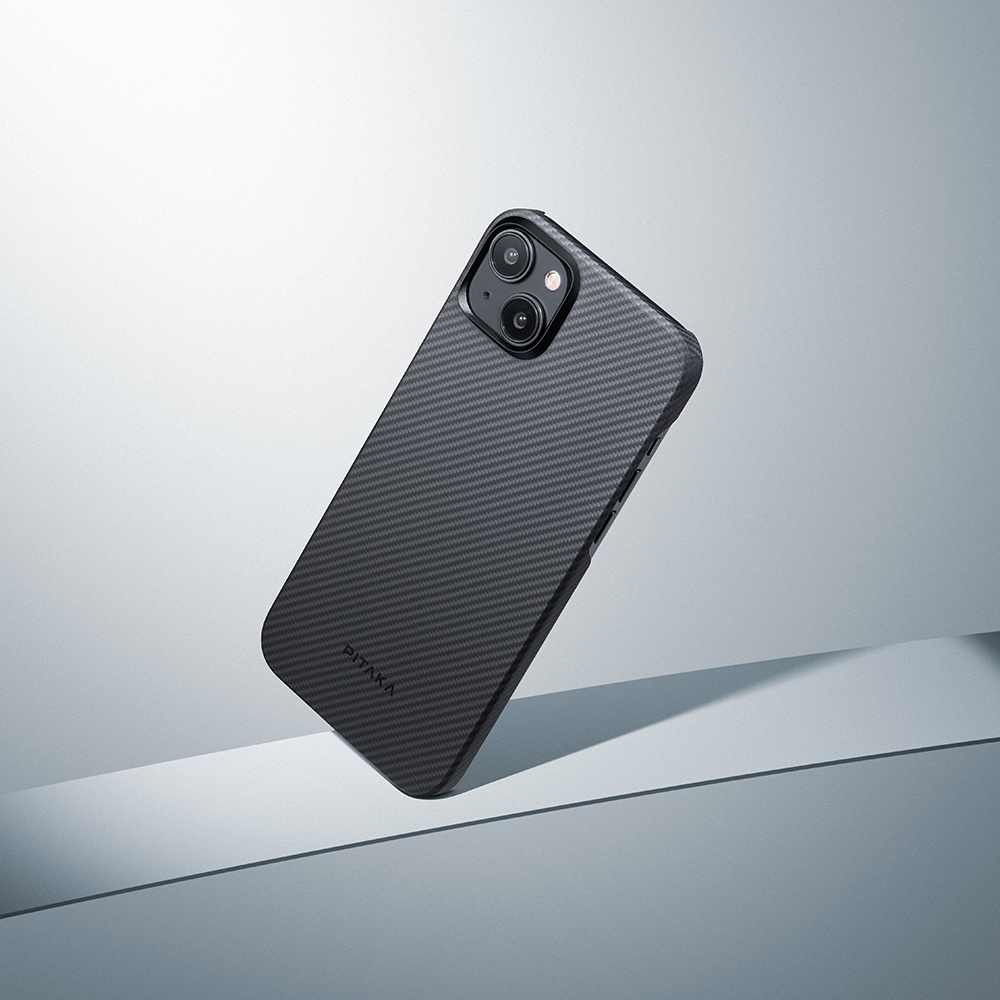 Apple iPhone 15 Uyumlu Plus Uyumlu Kılıf M-safe Şarj Özellikli 600D Aramid Fiber Pitaka Ultra-Slim Classic Serisi Black-Grey Twill Kapak - 6