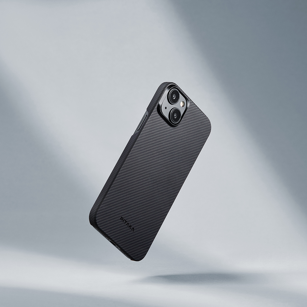 Apple iPhone 15 Uyumlu Plus Uyumlu Kılıf M-safe Şarj Özellikli 600D Aramid Fiber Pitaka Ultra-Slim Classic Serisi Black-Grey Twill Kapak - 7