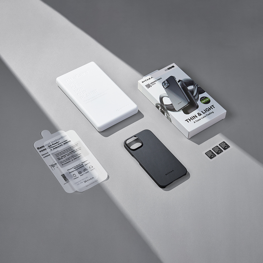Apple iPhone 15 Uyumlu Plus Uyumlu Kılıf M-safe Şarj Özellikli 600D Aramid Fiber Pitaka Ultra-Slim Classic Serisi Black-Grey Twill Kapak - 14