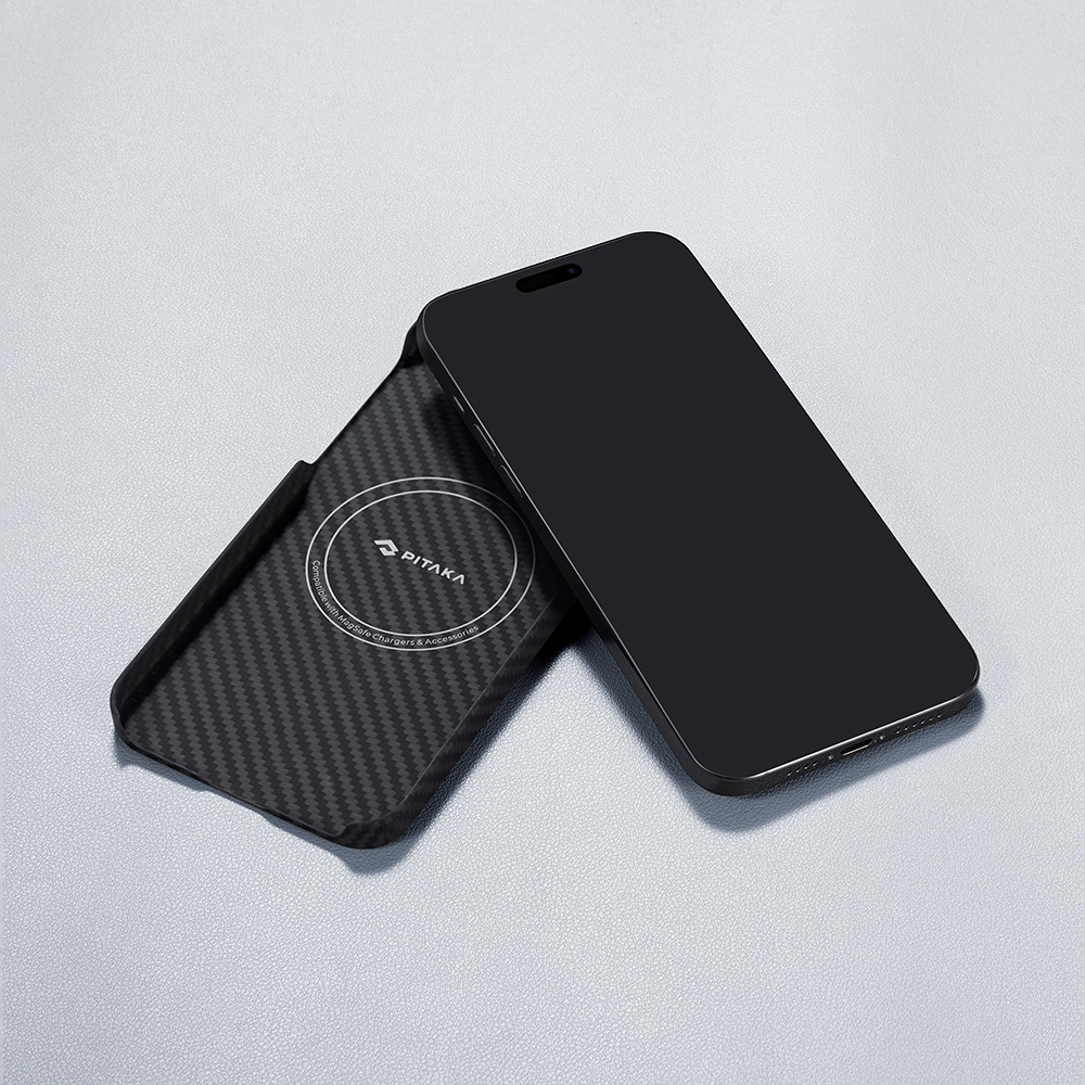 Apple iPhone 15 Uyumlu Plus Uyumlu Kılıf M-safe Şarj Özellikli 1500D Aramid Fiber Pitaka Ultra-Slim Classic Serisi Black-Grey Twill Kapak - 8