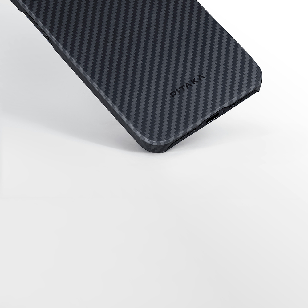 Apple iPhone 15 Uyumlu Plus Uyumlu Kılıf M-safe Şarj Özellikli 1500D Aramid Fiber Pitaka Ultra-Slim Classic Serisi Black-Grey Twill Kapak - 10