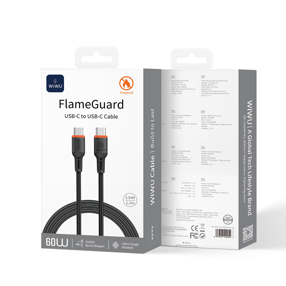 Wiwu Wi-C098 FlameGuard Serisi Type-C to Type-C Data ve Şarj Kablosu 60W 1.2M - 2