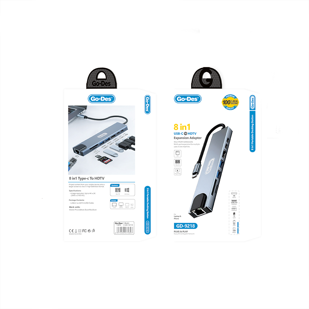 Go Des GD-9218 Type-C Bağlantılı 8in1 USB3.0 + PD + Hdmi 4K Ultra HD + RJ45 + SD/TF Bağlantılı Hub Adaptör - 5
