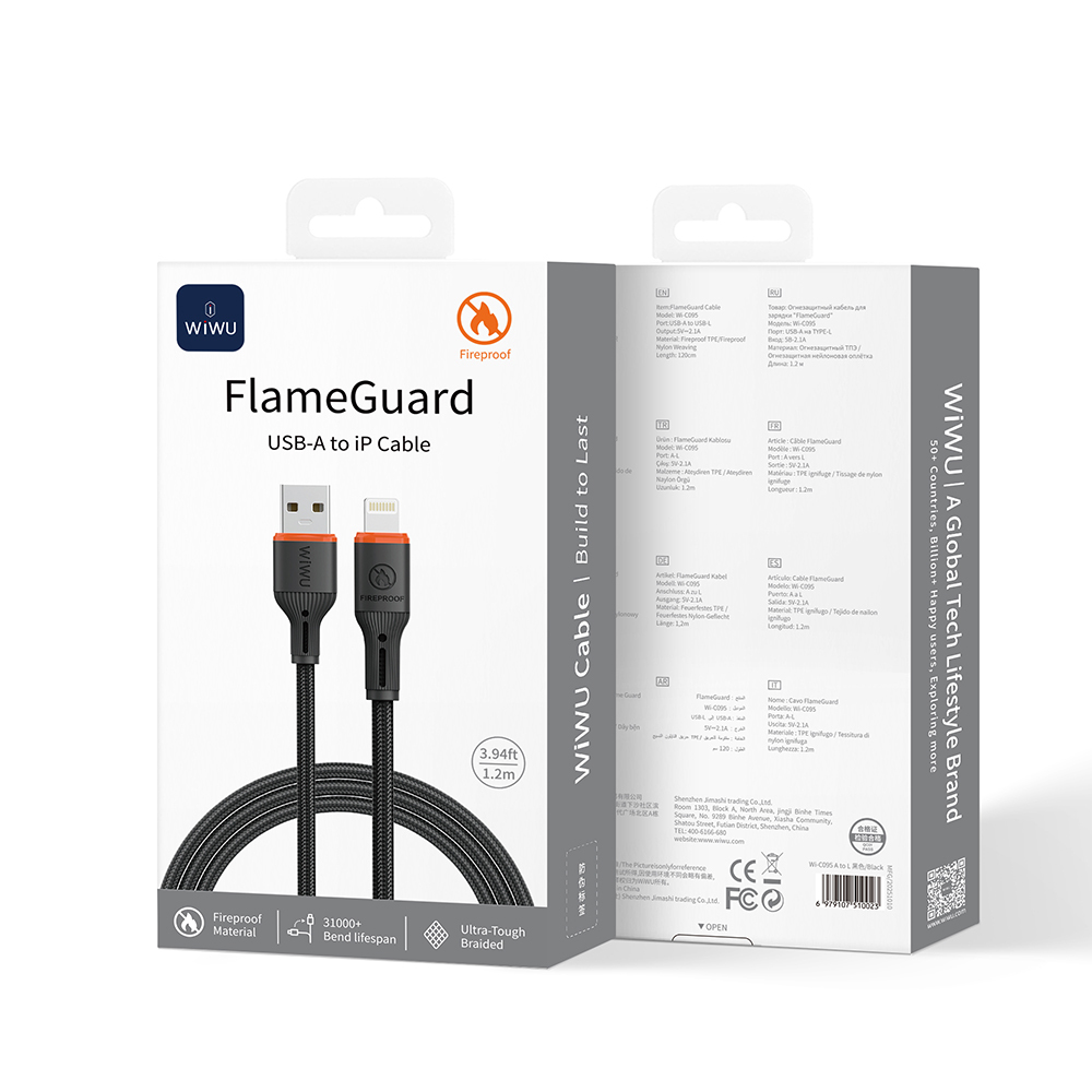 Wiwu Wi-C095 FlameGuard Serisi USB-A to Lightning Data ve Şarj Kablosu 1.2M - 2