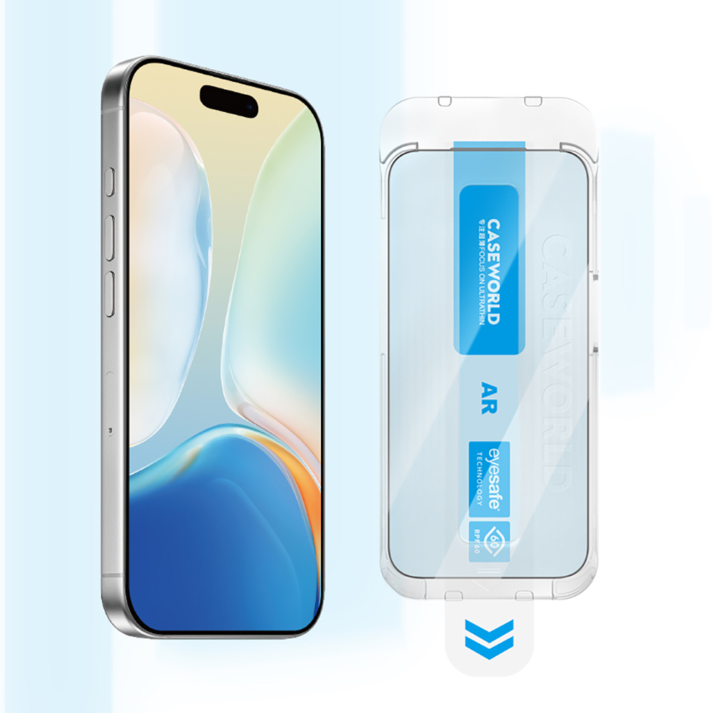 Apple iPhone 14 Pro Uyumlu CaseWorld Applicator Serisi 2.5D Eyesafe Mavi Işık Teknolojili Safir 0.33mm Temperli Cam Ekran Koruyucu + Uygulama Aparatı - 1
