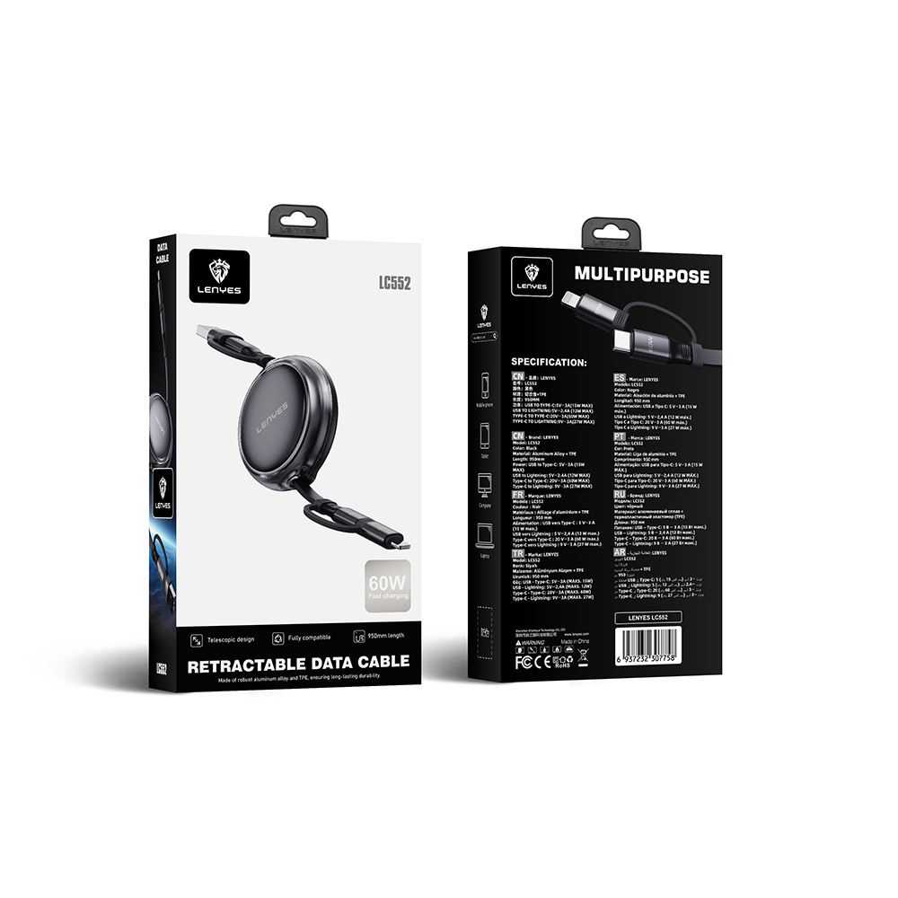 Lenyes LC552 4in1 USB-A - Type-C + Type-C to Lightning Makaralı Data ve Şarj Kablosu 60W 95cm - 5