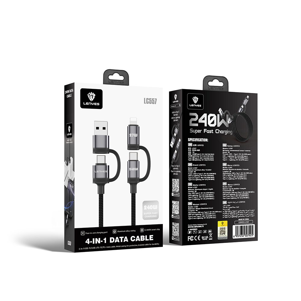 Lenyes LC557 4in1 USB-A - Type-C + Type-C to Lightning E-Mark Smart Çipli Data ve Şarj Kablosu 240W 1M - 4
