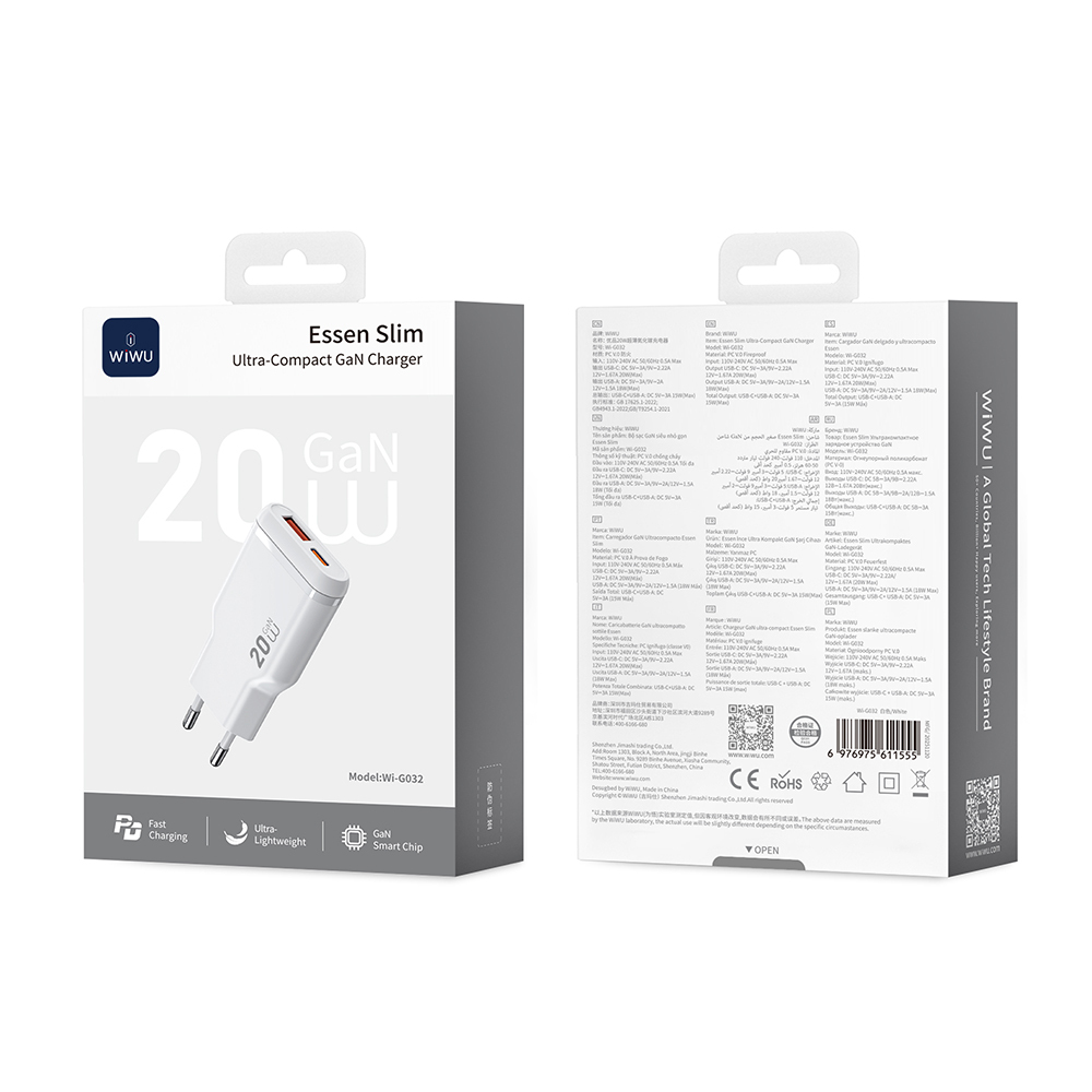Wiwu Wi-G032 Essen Slim Serisi GaN Tech PD Hızlı Şarj Özellikli Şarj Başlığı 20W - 6