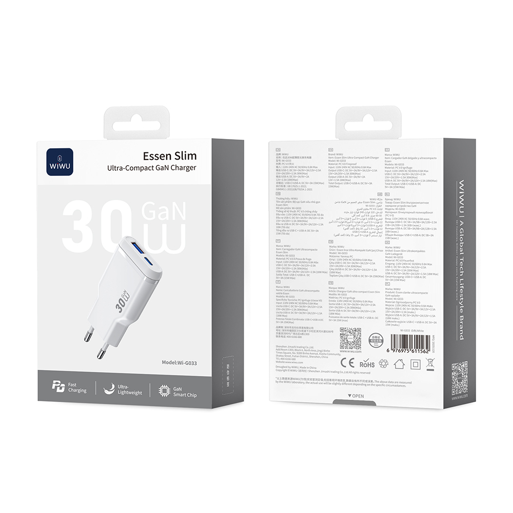Wiwu Wi-G033 Essen Slim Serisi GaN Tech PD Hızlı Şarj Özellikli Şarj Başlığı 30W - 6