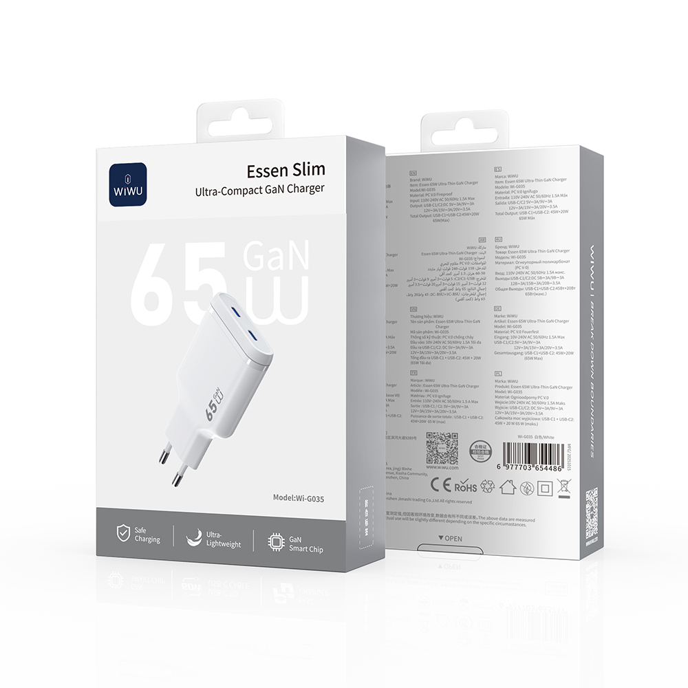 Wiwu Wi-G035 Essen Slim Serisi GaN Tech PD Hızlı Şarj Özellikli Şarj Başlığı 65W - 5