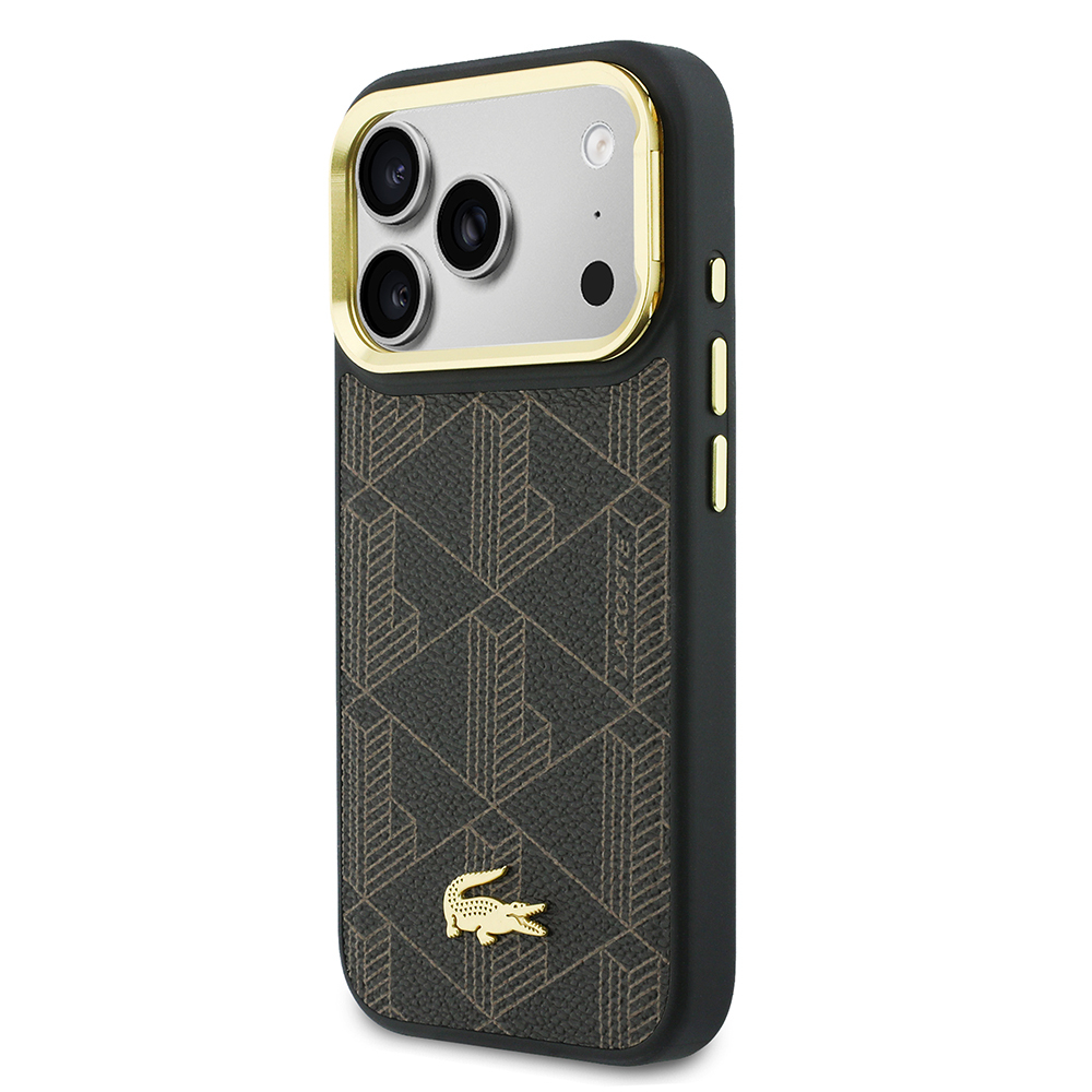Apple iPhone 17 Pro Uyumlu Kılıf Lacoste Orjinal Lisanslı M-safe Şarj Özellikli Standlı PU Deri Karışık Monogram Desenli Kapak - 1